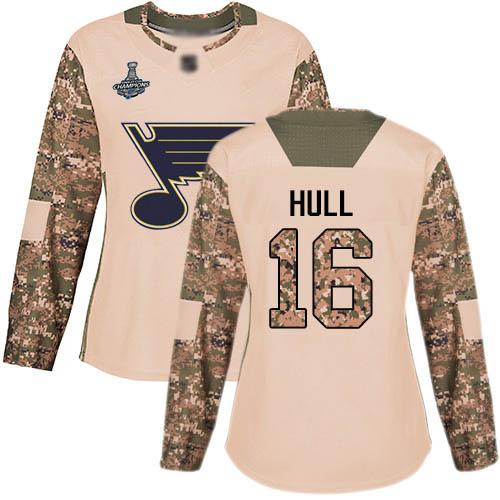 Adidas Blues #16 Brett Hull Camo Authentic 2017 Veterans Day Stanley Cup Champions Women's Stitched NHL Jersey